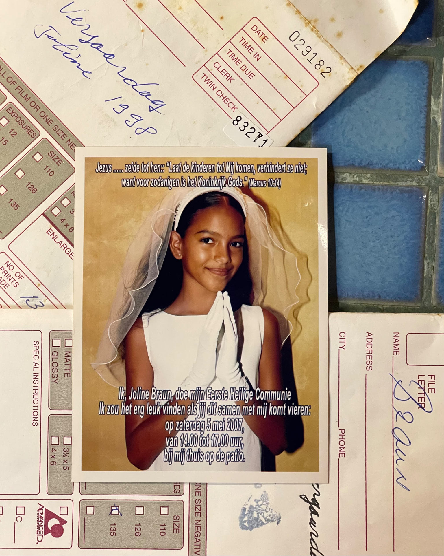 Joline's First Holy Communion keepsake card from 2007